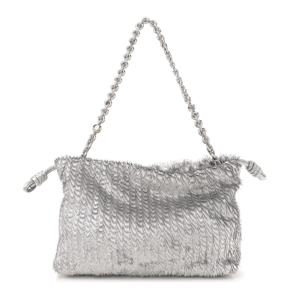 Metallic Nappa Calfskin Fringed Medium Chain Flamenco Knot Purse Silver