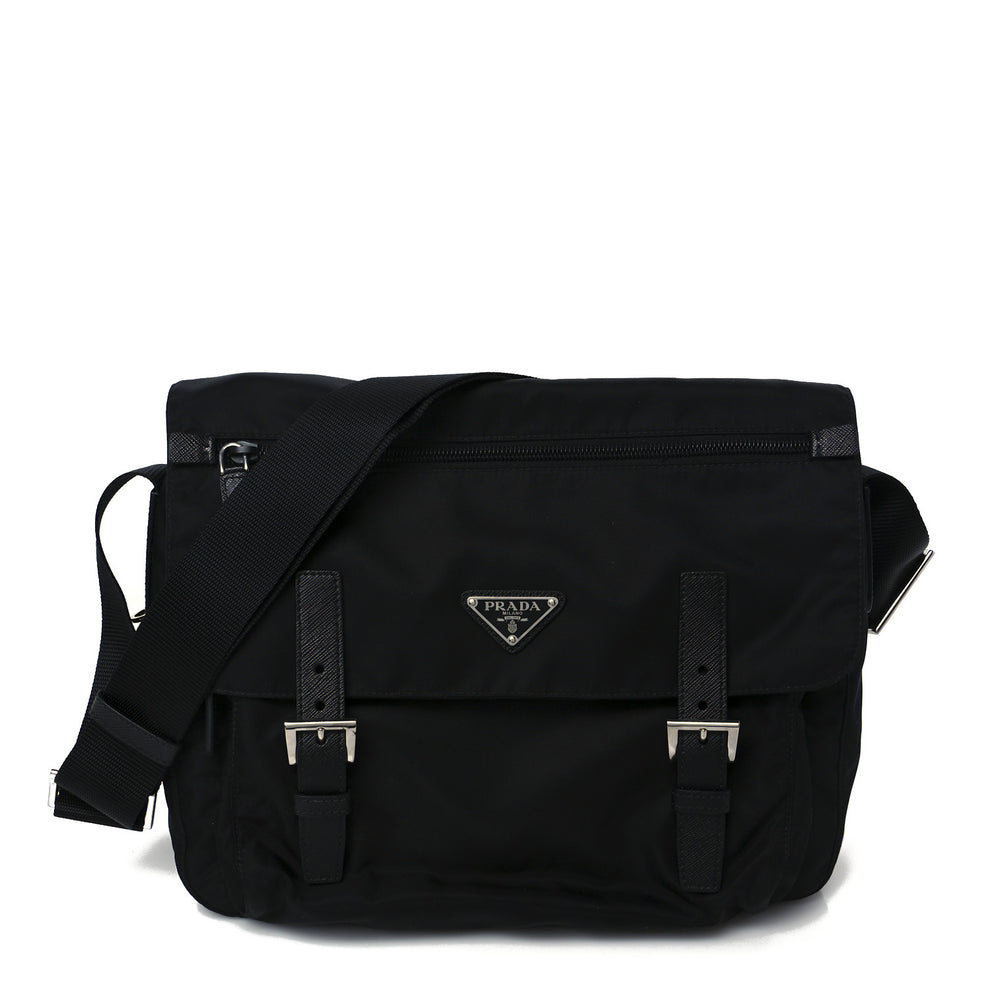 Tessuto Nylon Saffiano Double Buckle Messenger Shoulder Bag Black