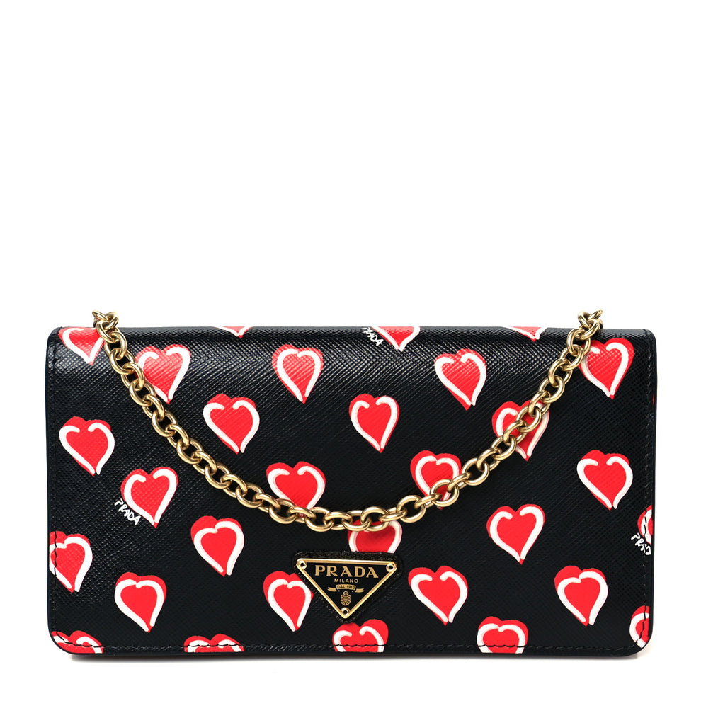 Saffiano Heart Print Mini Wallet On Chain Black