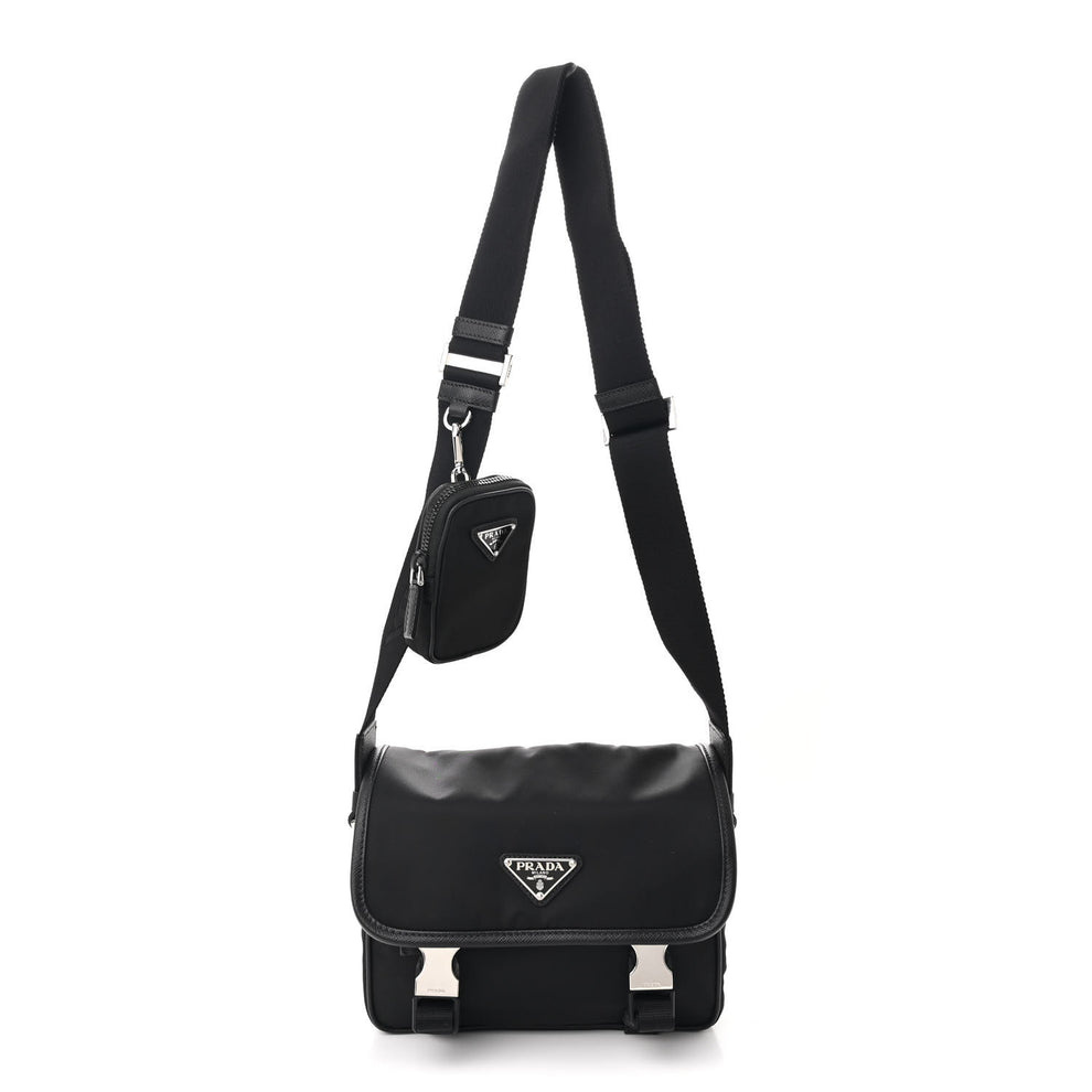Re-Nylon Saffiano Pocket Double Snap Buckle Shoulder Bag Black