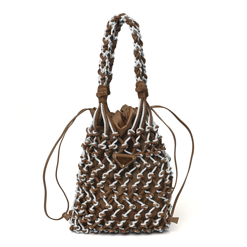 Rete Scamosciato Tessuto Macrame Small Noue Tote Cacao Celeste