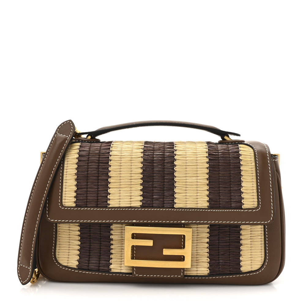 Raffia Vitello Grace FF Midi Chain Baguette Natural Gianduia