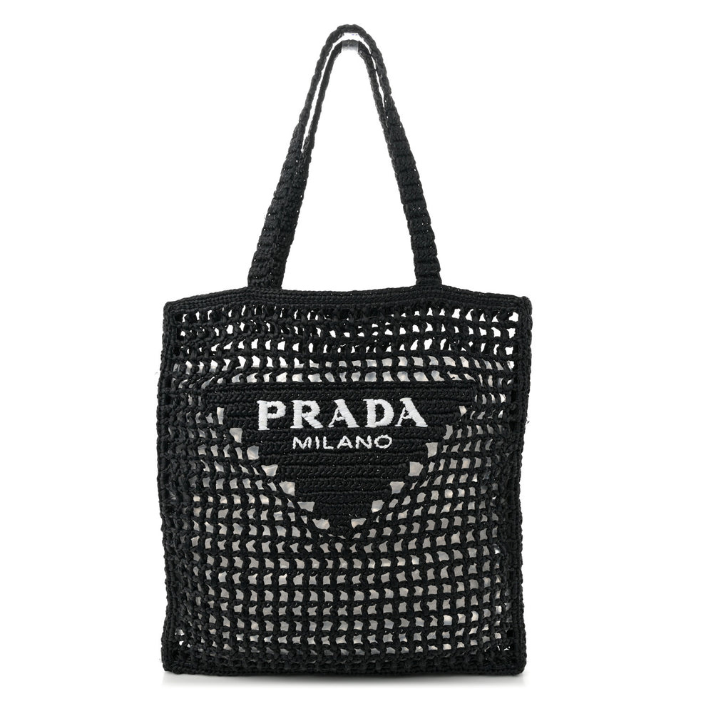 Yarn Raffia Effect Crochet Logo Embroidered Tote Bag Black