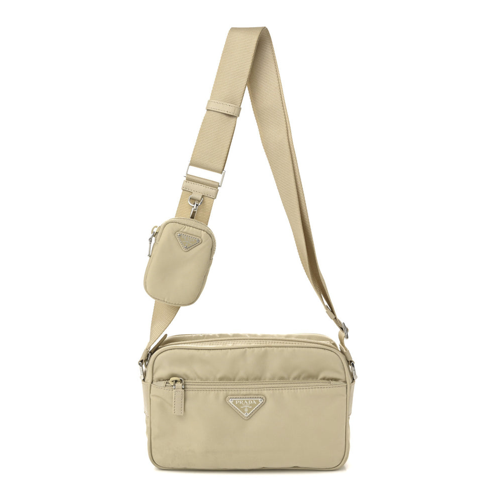 Re-Nylon Vela Saffiano Pocket Double Zip Shoulder Bag Deserto