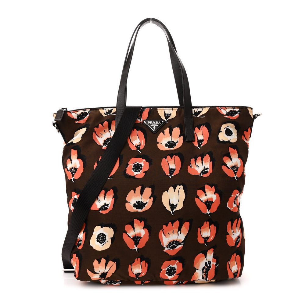 Tessuto Stampato Nylon Saffiano Floral Print Tote Brown Multicolor