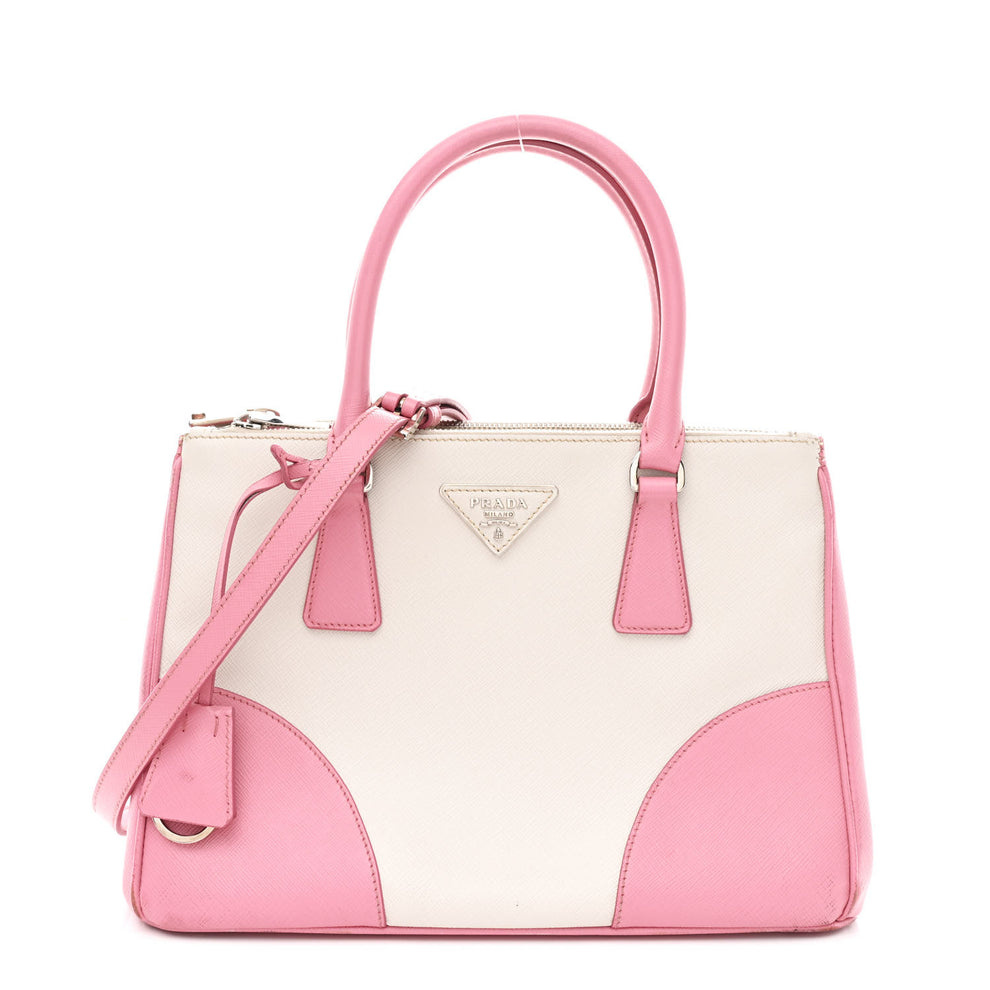 Saffiano Lux Small Bi-Color Galleria Double Zip Tote White Begonia