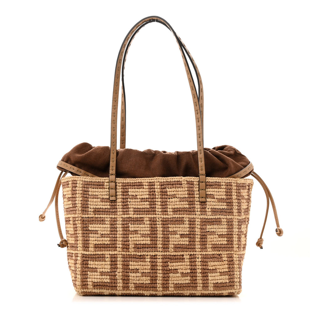 Raffia Cuoio Romano FF Crochet Small Roll Shopper Natural Dark Honey