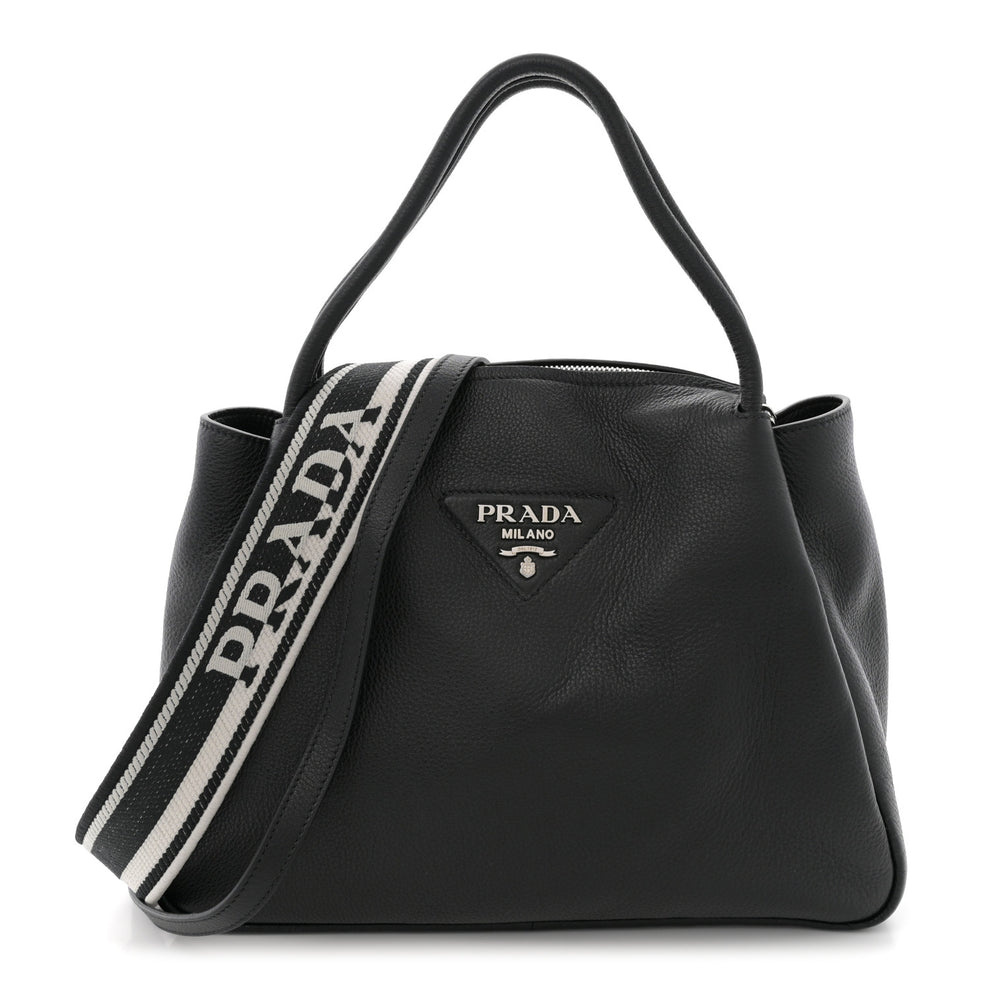 Vitello Daino Soft Medium Zippered Top Handle Bag Black