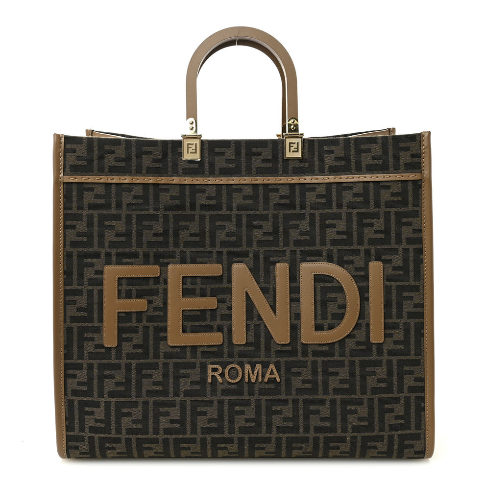 Fabric Jacquard FF 1974 Logo Large Fendi Sunshine Shopper Tote Tobacco Moro Sand