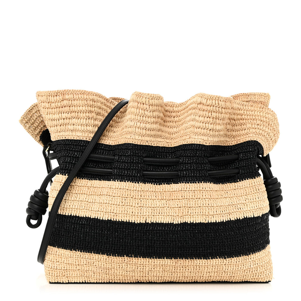 Raffia Striped Flamenco Knot Shoulder Bag Black Natural