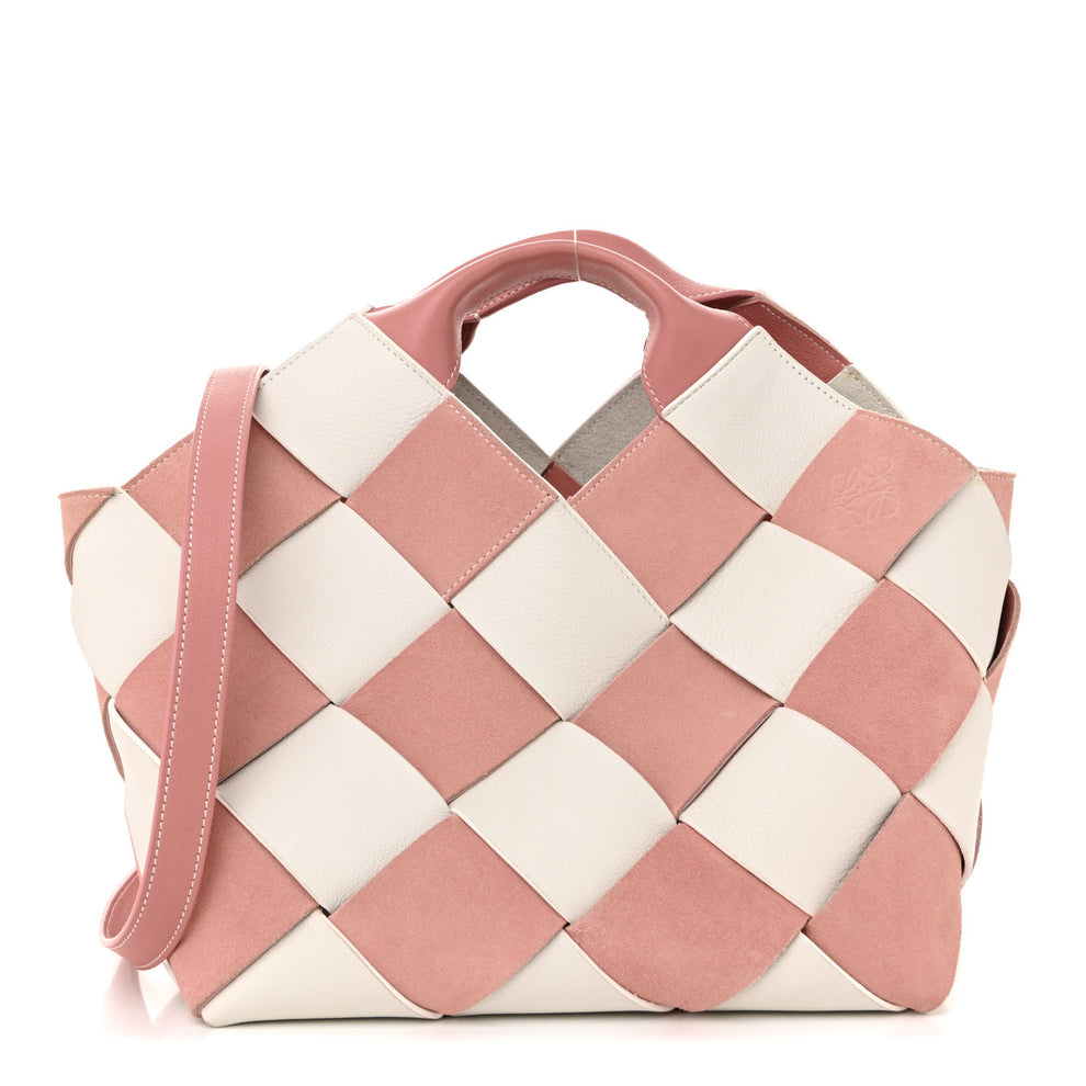 Calfskin Suede Gingham Woven Basket Bag Soft Pink White
