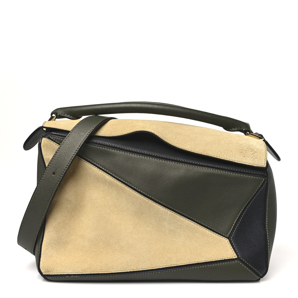 Calfskin Suede Medium Puzzle Bag Gold Avocado Green
