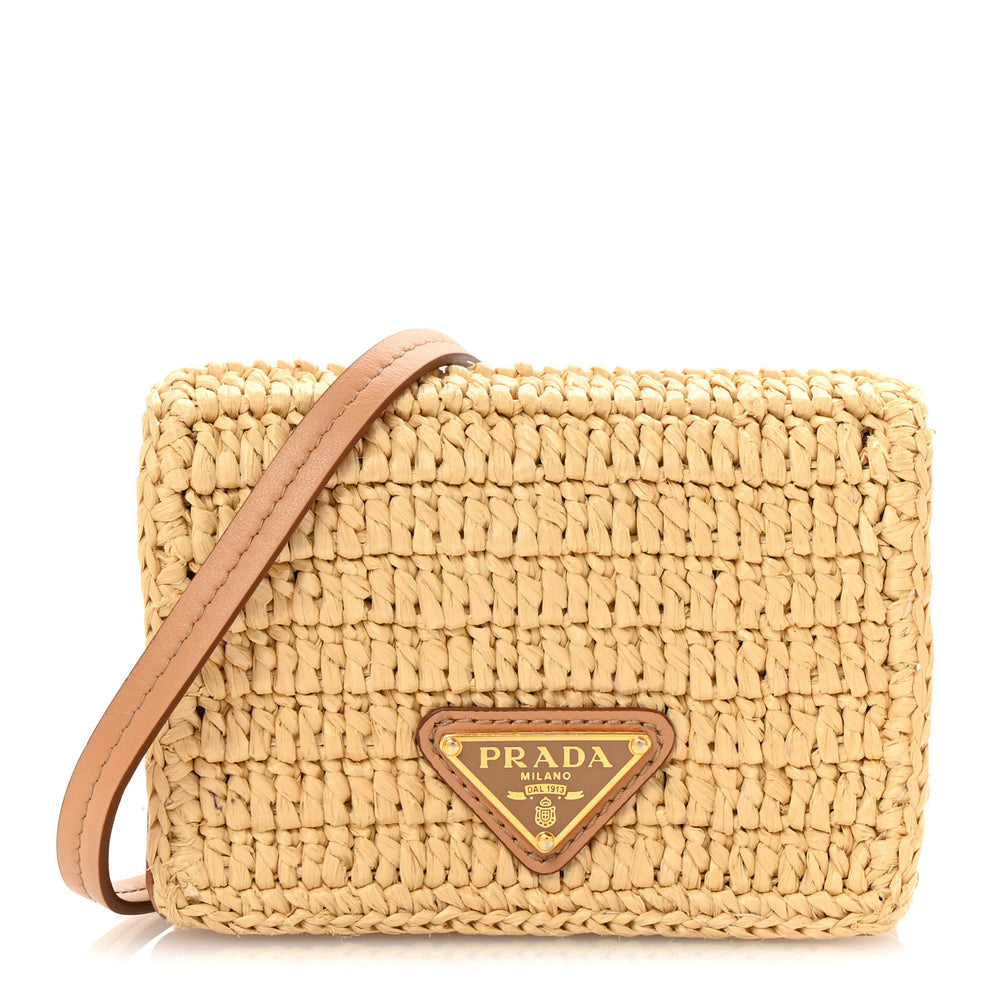 Raffia Effect Crochet Metal Triangle Logo Card Holder Beige Khaki