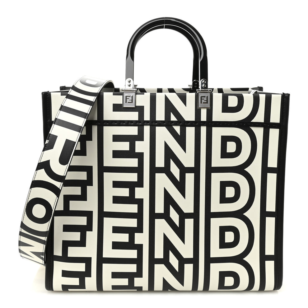 X MARC JACOBS Vitello King Logo Print Medium Fendi Sunshine Shopper Tote Black White