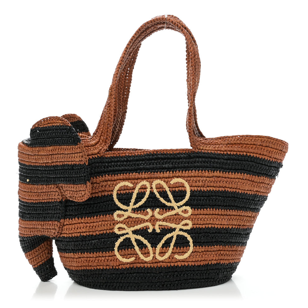X Paulas Ibiza Raffia Striped Small Elephant Basket Tote Bag Honey Gold Black