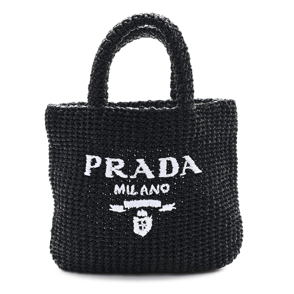 Yarn Raffia Effect Crochet Small Logo Tote Black