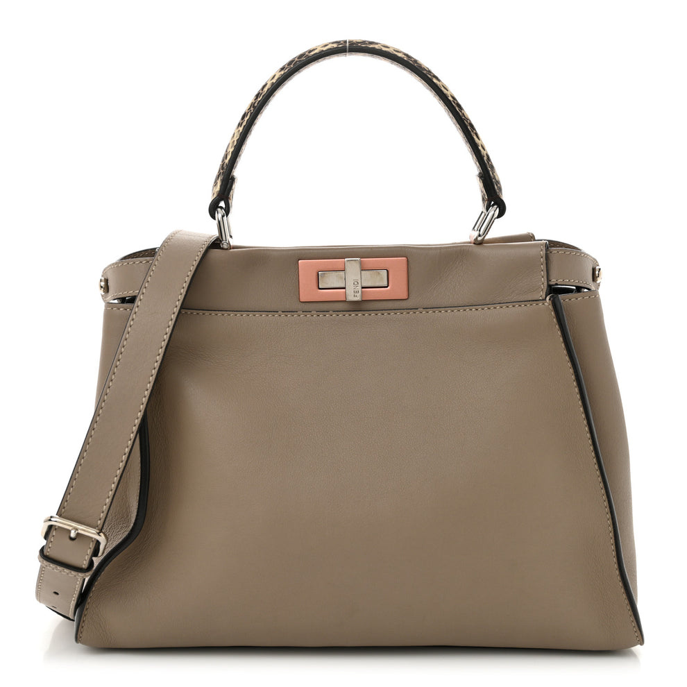 Vitello Seta Shiny Nappa Elaphe Medium Peekaboo Iconic Satchel Tortora Natural Ebano