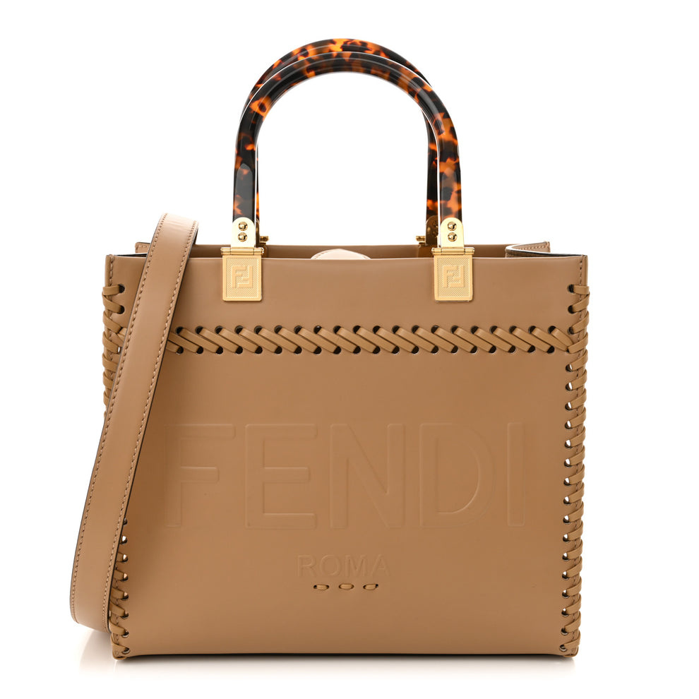 Vitello King Ceylon Plexiglass Woven Logo Debossed Small Fendi Sunshine Shopper Tote Miele Scuro