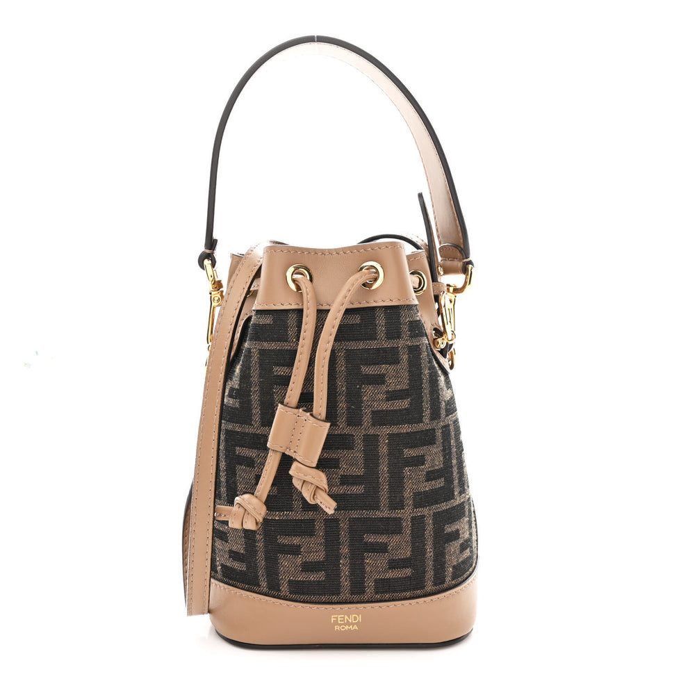 Fabric Jacquard Vitello Grace FF 1974 Mini Mon Tresor Bucket Bag Tobacco Moro Sand