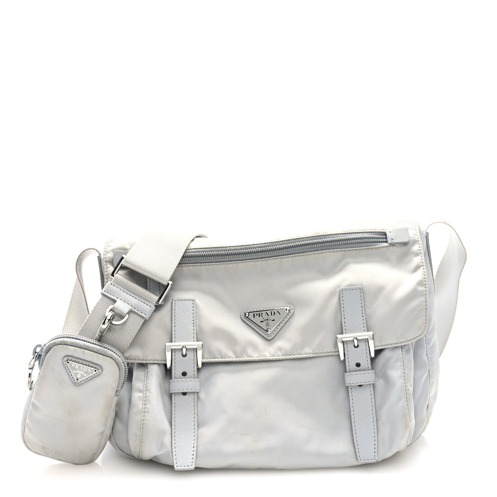 Re-Nylon Vela Saffiano Pocket Double Buckle Messenger Shoulder Bag Fiordaliso