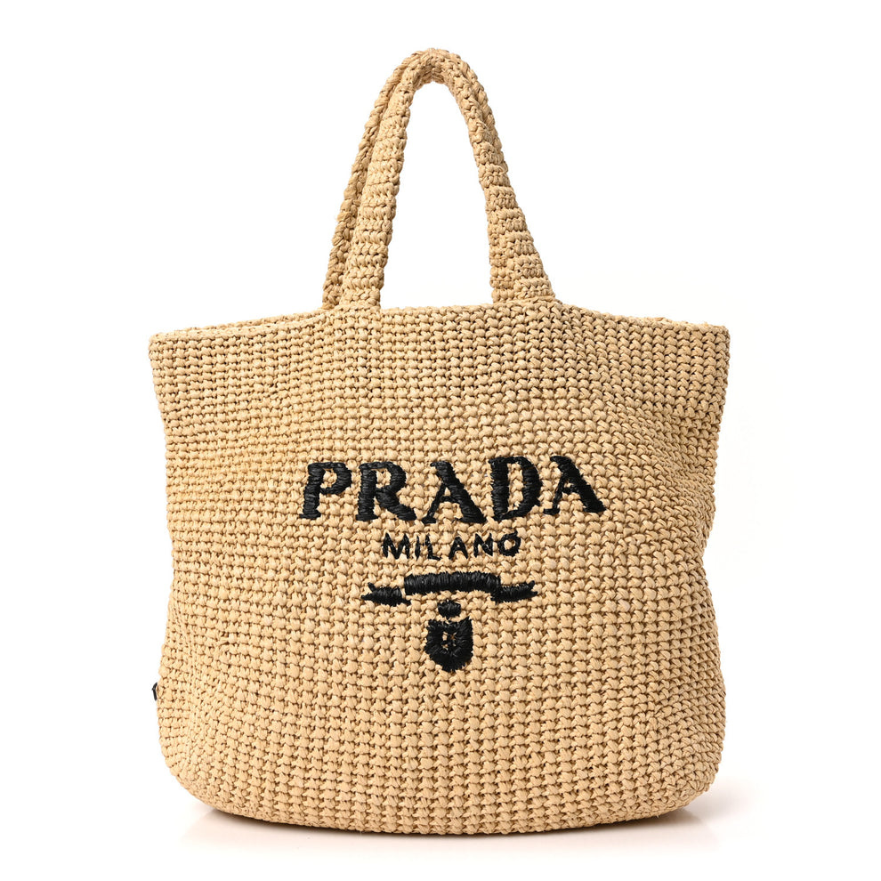 Yarn Raffia Effect Crochet Embroidered Logo Tote Naturale