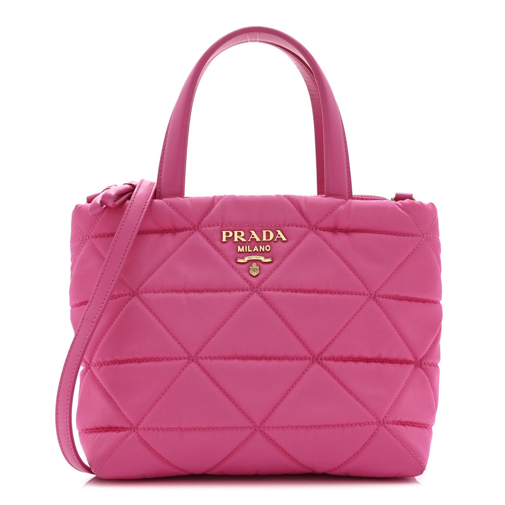 Re-Nylon Nappa Triangle Quilted Padded Small Double Handled Zip Tote Fuxia