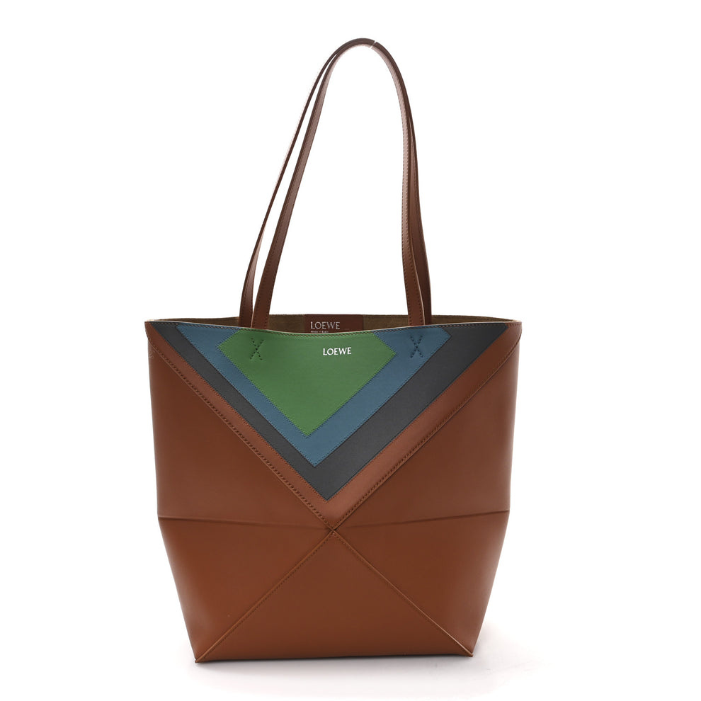 x Albers Calfskin Medium Puzzle Fold Tote Caramel Bright Green