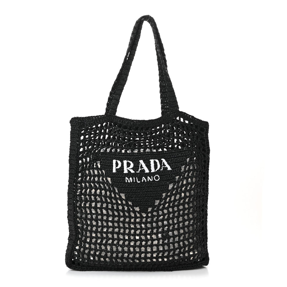 Yarn Raffia Effect Crochet Logo Embroidered Tote Bag Black