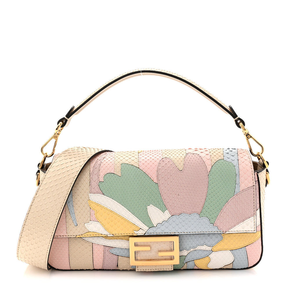 Snakeskin Floral Stitched Baguette Latte Multicolor