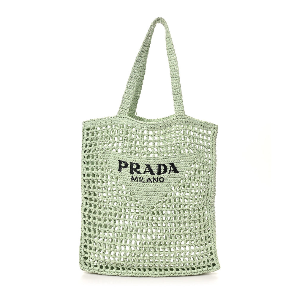 Yarn Raffia Effect Crochet Logo Embroidered Tote Bag Acqua