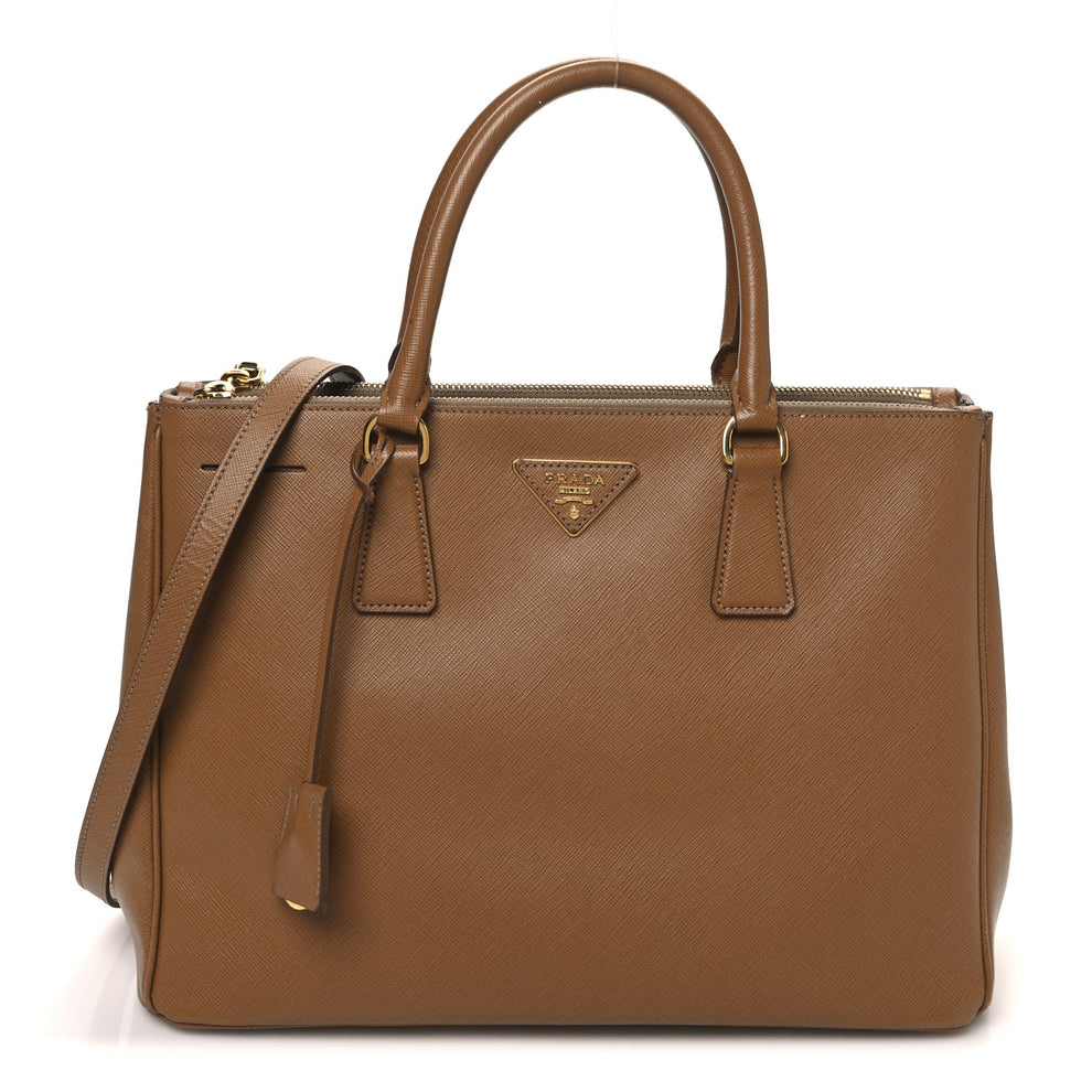 Saffiano Lux Medium Double Zip Tote Caramel