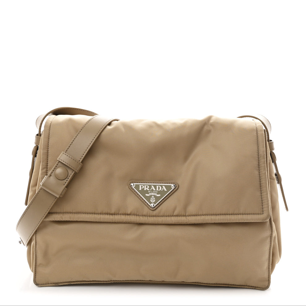 Re-Nylon Vitello Padded Large Flap Shoulder Bag Deserto