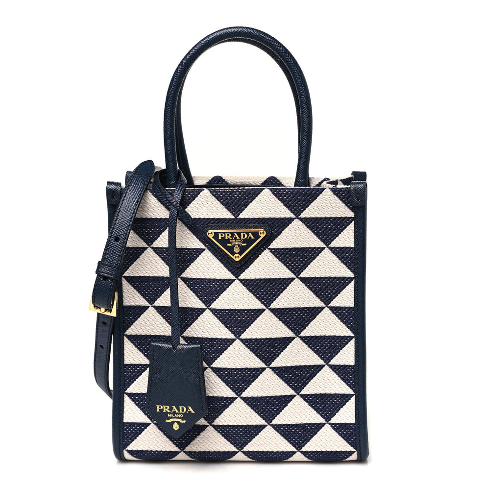 Jacquard Saffiano Triangolo Symbole Embroidered Micro Tote Baltico Talco