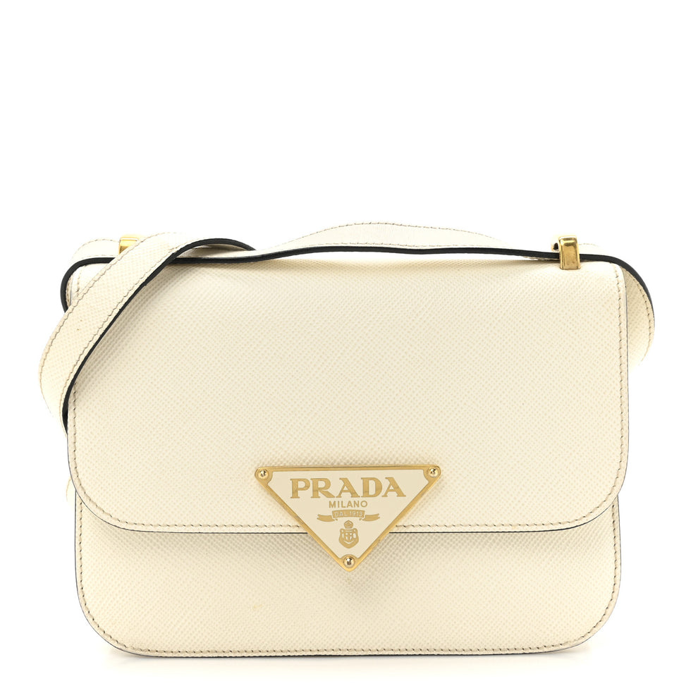 Saffiano Cuir Triangle Embleme Flap Shoulder Bag White