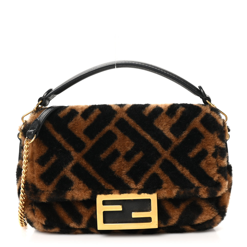 Shearling Vitello Dolce Macro FF 1974 Mini Baguette Tobacco Black