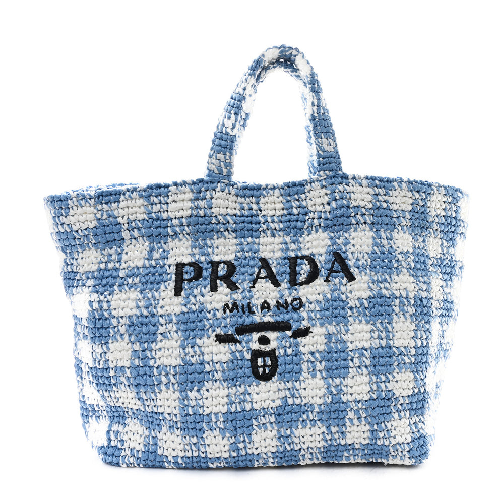 Yarn Raffia Effect Crochet Embroidered Large Logo Tote Celeste