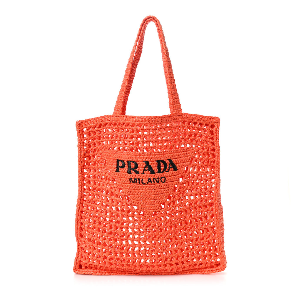 Yarn Raffia Effect Crochet Logo Embroidered Tote Bag Arancio
