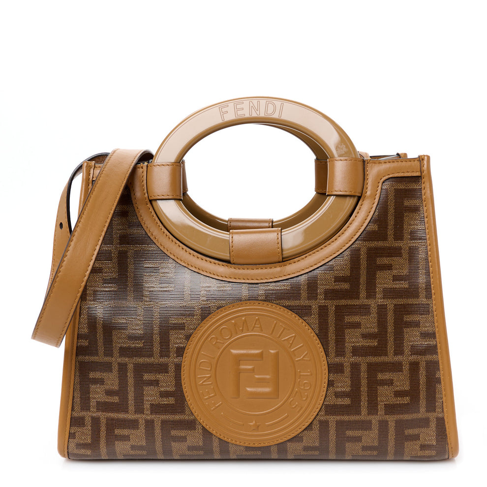 Glazed Fabric Vitello Century Plexiglass FF 1974 Stamp Patch Small Runaway Shopper Tote Mogano Panna Nocciola