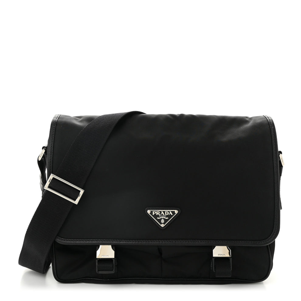 Tessuto Nylon Saffiano Large Double Snap Buckle Messenger Bag Black