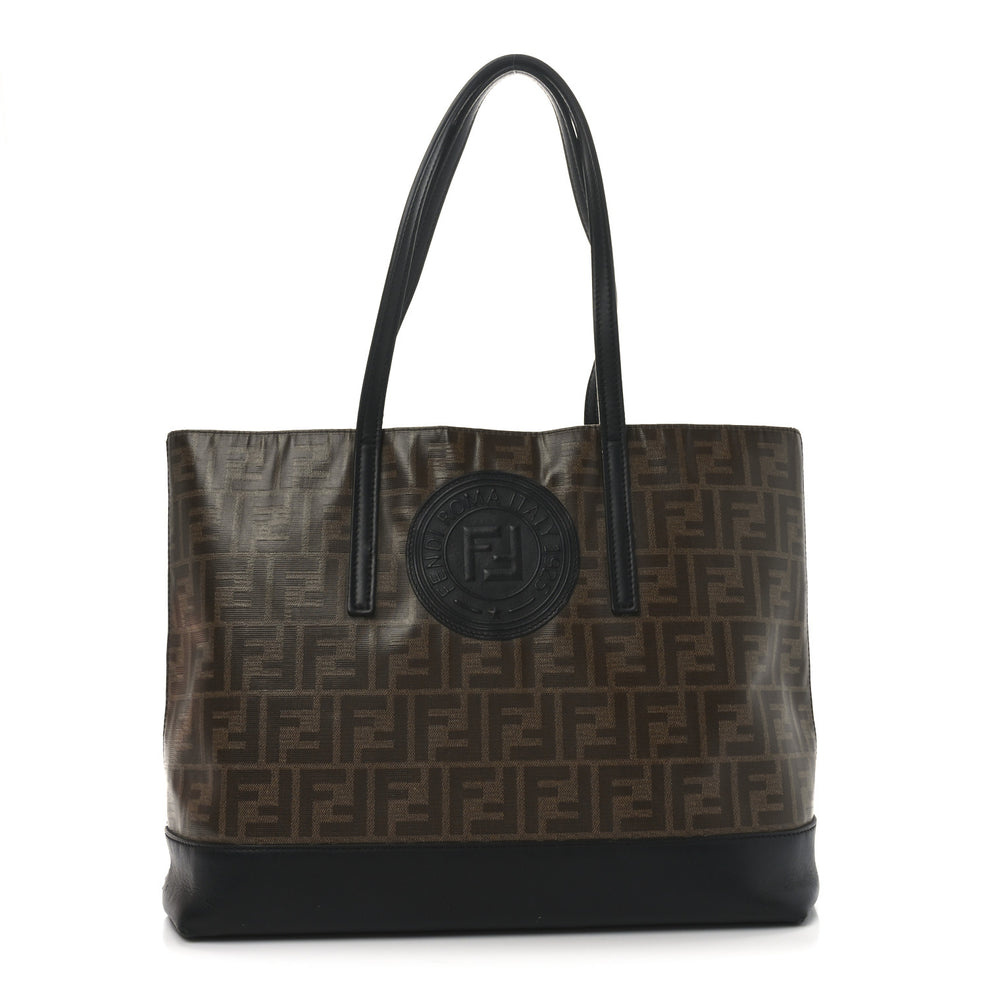 Glazed Fabric Vitello Century FF 1974 Stamp Patch Shopping Tote Mogano Panna Black