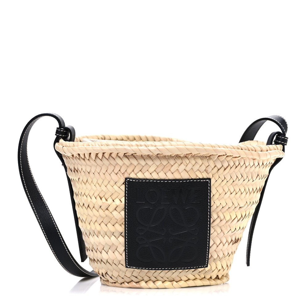 Raffia Drawstring Basket Tote Bag Natural Black