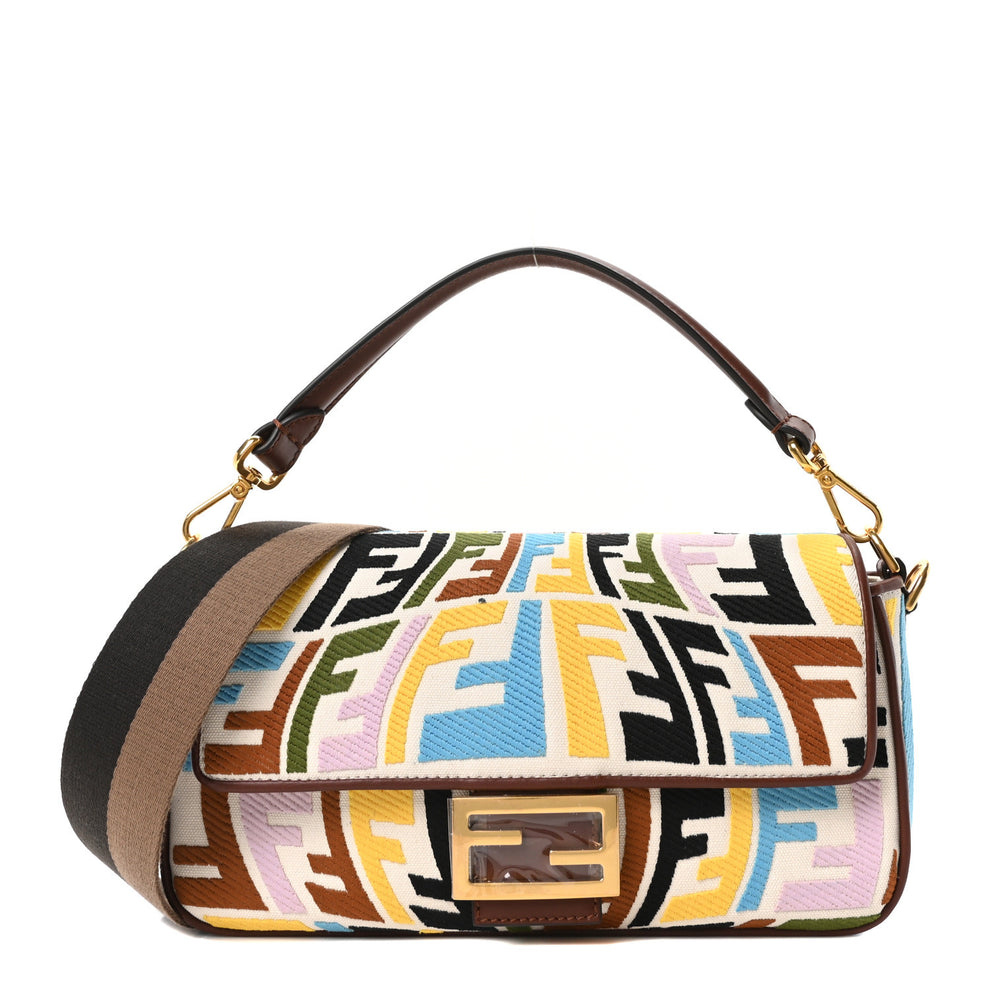 X SARA COLEMAN Canvas Vitello King Seta FF Fish Eye Embroidered Baguette Grezzo Multicolor Ghianda