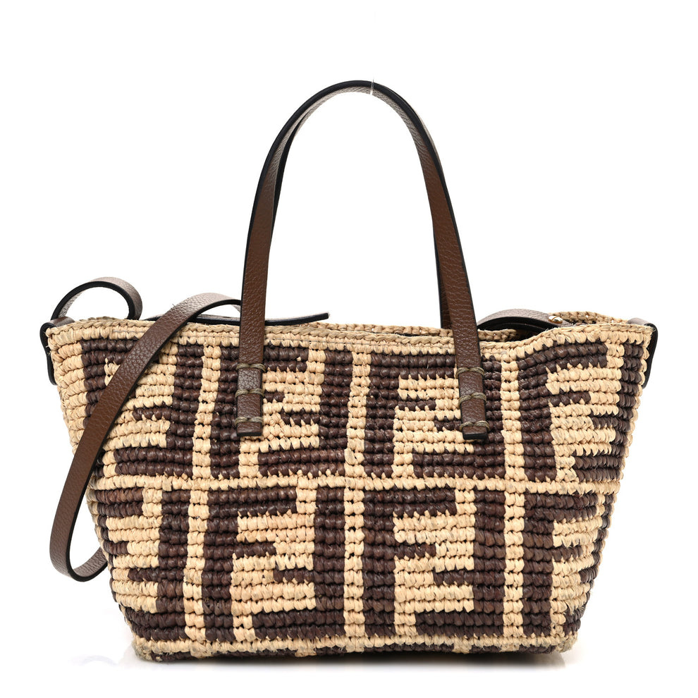 Raffia Cuoio Romano FF Crochet Mini Roll Tote Natural Gianduia