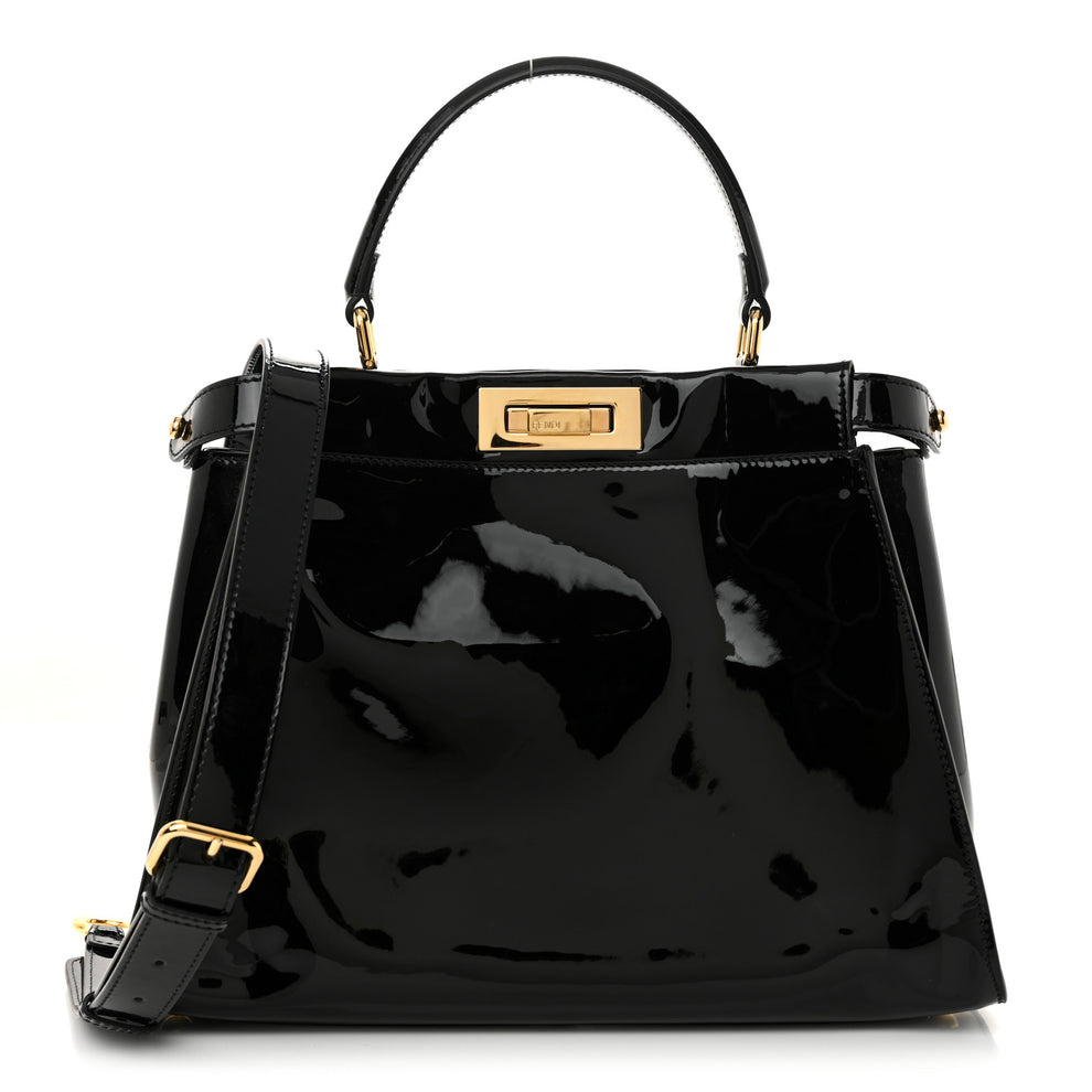 Patent Glazed Fabric FF 1974 Medium Peekaboo Iconic Defender Satchel Mogano Panna Black