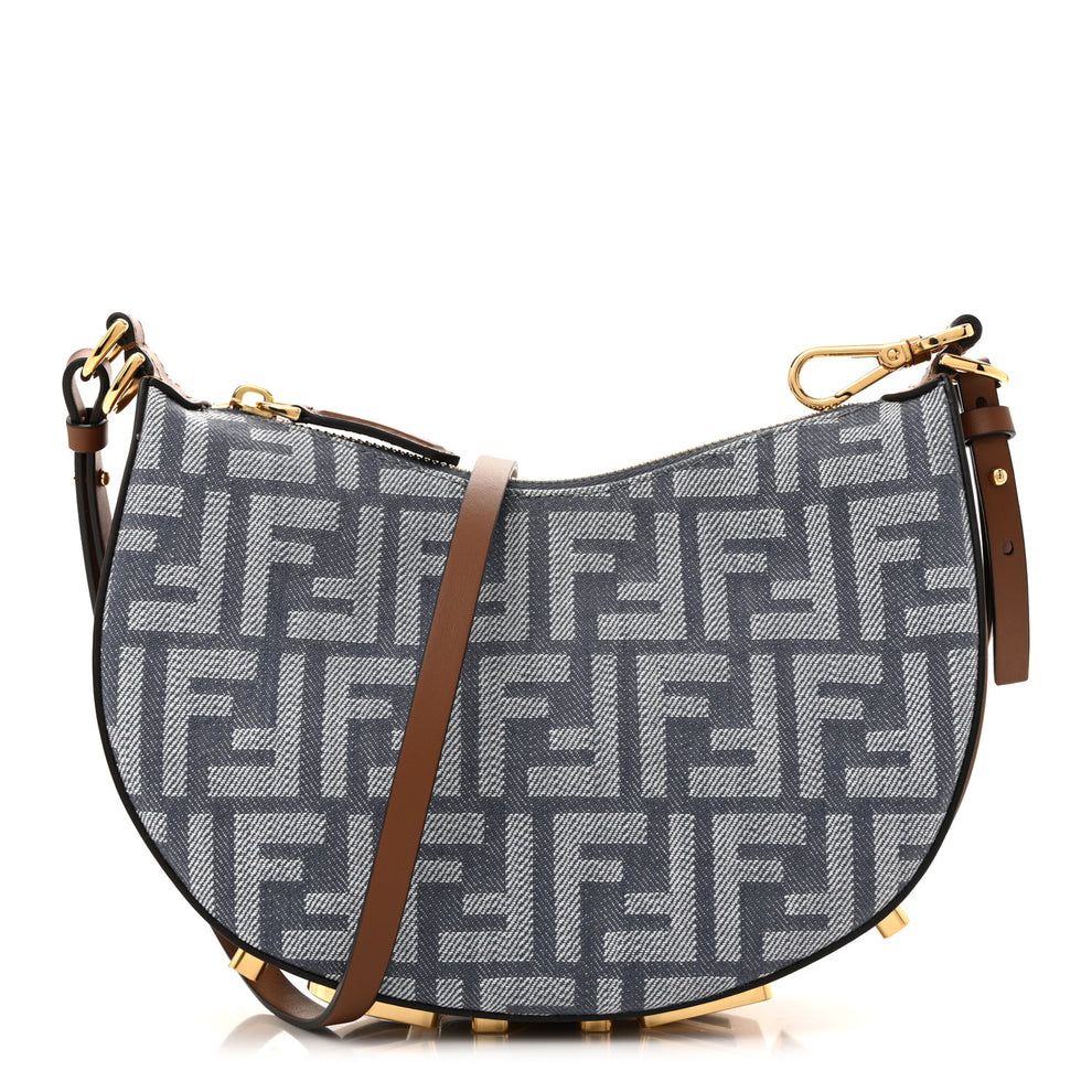 Denim Vitello King F is Fendi FF Embroidered Mini Fendigraphy Hobo Bag Blue Brown