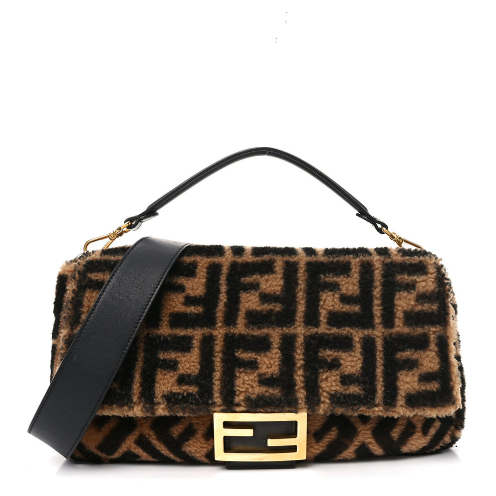 Shearling Vitello Dolce Macro FF 1974 Large Baguette Tobacco Black