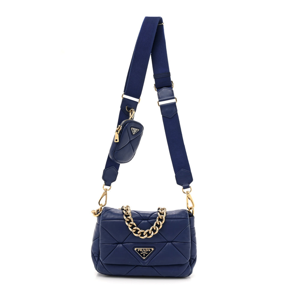 Nappa Re-Nylon Triangle Quilted Patchwork System Flap Shoulder Bag Royal