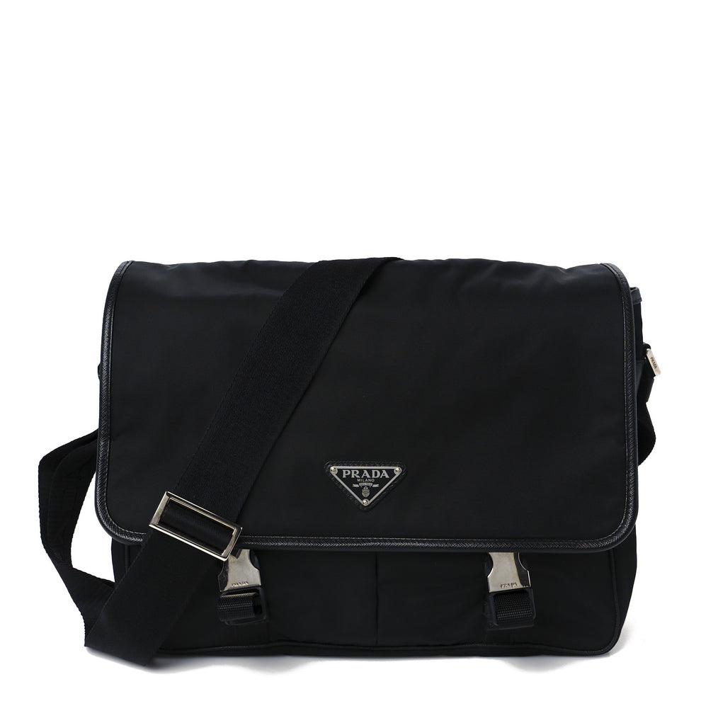 Tessuto Nylon Saffiano Large Double Snap Buckle Messenger Bag Black