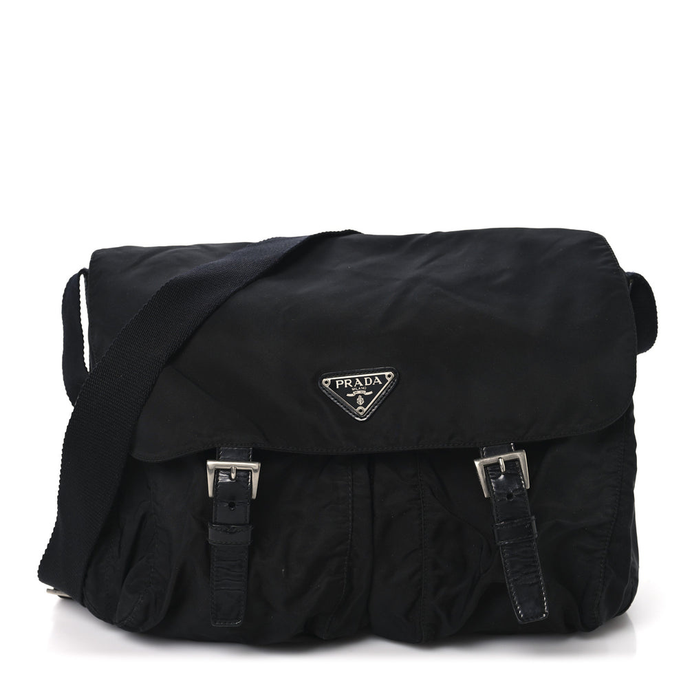 Tessuto Nylon Double Buckle Messenger Shoulder Bag Black