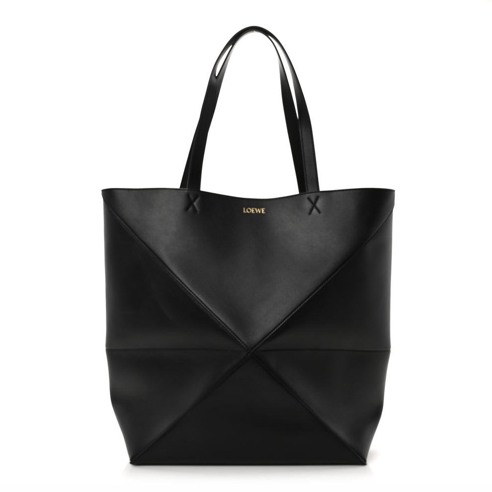 Shiny Calfskin Large Puzzle Fold Tote Black